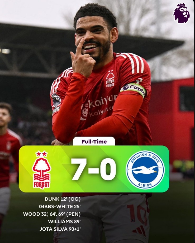 7球大勝布萊頓！諾丁漢森林創(chuàng)隊史英超最大比分勝利
